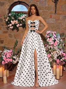 Glamrae 优雅奢华数码波点露肩无肩带镂空蝴蝶结装饰设计修身高开衩长裙，适合节日、婚礼、晚宴、音乐会、商务活动、网红活动等场合。 - 彩色 - 查看 5