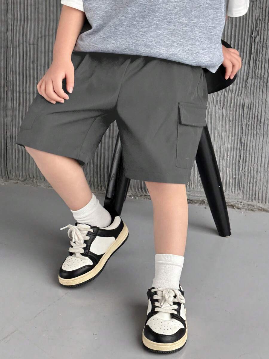 SHEIN 1 chiếc quần short cargo rộng rãi, thoải mái, thời trang, đa năng dành cho bé trai, thích hợp cho mùa xuân/hè, mặc hàng ngày, chơi thể thao, đi chơi, đến trường, tụ họp, lễ hội, biểu diễn và chụp ảnh. - Xám - Xem 1