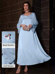 Al Najma 优雅心形领口串珠喇叭袖连衣裙，春夏款 - 淺藍色 - 查看 9