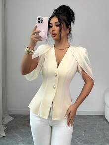 SHEIN Elenzya 女士优雅浪漫修身西装外套，V领设计，褶裥收腰 - 杏色 - 查看 6