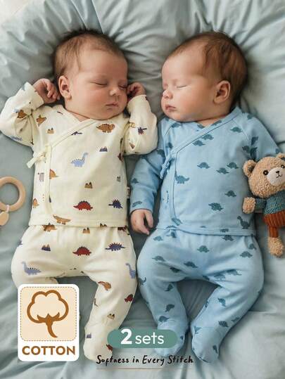 Cozy Pixies Newborn Baby Girl/Boy 4pcs Set: Cartoon Dinosaur Pattern Knit Soft Round Neck Raglan Sleeve Pullover Top And Elastic Waist Footed Pants Baby Boy Footed Pajamas Newborn Baby Twin Clothes Baby Boy Kimono Pajamas Newborn Baby Boy Sleepers Baby Sleepers Footed Pajamas For Baby Newborn Baby Sleeper Baby Footed Pajamas