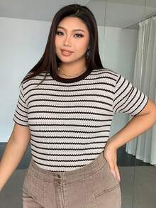 Dazy Petite Plus 撞色条纹短袖T恤，棕色，春夏款 - 米色 - 查看 6