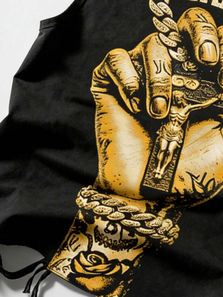 ROMWE MEN Street Life Men's Letter Print Round Neck Distressed Design Casual Tank Top - Black - View 3