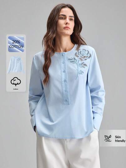 Ontre Áo sơ mi nữ tay dài cổ tròn vai rớt màu xanh nhạt, chất liệu satin mềm mại, thoải mái, thêu họa tiết rỗng, thời trang thành thị, lãng mạn, thanh lịch, cổ điển, phù hợp cho du lịch biển, dự tiệc cưới, công sở, đi làm, mặc được cả bốn mùa. Phong cách hiện đại, thanh lịch, sang trọng, thích hợp cho người đi làm và đi sân bay. Áo sơ mi nữ thêu hoa hồng xanh, áo blouse công sở.