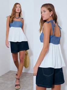 Nöista Denim And White Camisole With Adjustable Straps And Flowy Contrast Hem. Casual Versatile Piece Perfect For Summer Outfits, Spring Looks, Easter Styling, And Everyday Wear. - Navy Blue - View 1