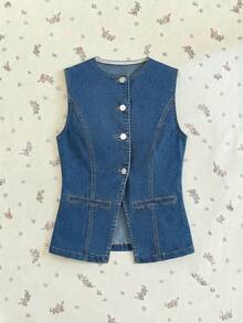 Sweetra Women's Fashion Casual Elegant Versatile Denim Vest, Jacket And Coat - Medium Wash - View 5