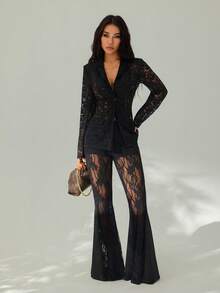 SHEIN PETITE 秋季女装、通勤时尚、秋季女装、秋季必备单品、女士翻领、长袖蕾丝透视修身款、优雅黑色西装外套、女士蕾丝夹克、女士黑色西装外套 - 黑色 - 查看 5