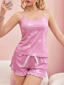 SHEIN Standard Size Heart Pattern Camisole Women Pajama Set - Multicolor - View 6