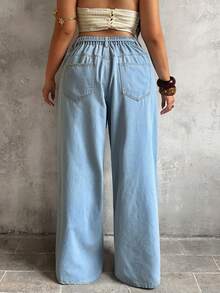 Sunnyshic Quần jeans ống rộng dáng suông thoải mái cho nữ cỡ lớn, thích hợp mặc hàng ngày đi làm, có thắt lưng và túi xếp ly. - Rửa nhẹ - Xem 2