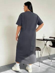 SHEIN EZwear Deep Grey Casual Long T-Shirt Dress, Plus Size - Dark Grey - View 6