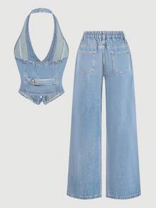 Sweetra Busana Denim Wanita yang Elegan dan Intelektual - Light Wash - View 2