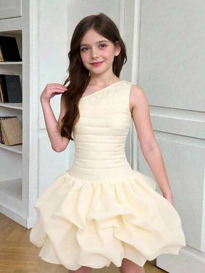 SHEIN Tween Girl Elegant Ruched Floral Peplum Asymmetric Shoulder Dress, Apricot Color, Spring/Summer