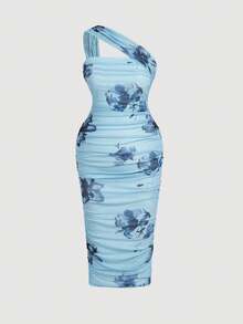 SHEIN MOD Plus Size Floral Print Asymmetric Neck Mesh Dress,Light Blue Summer Beach Holiday One Shoulder Ruched Bodycon Slim Fit Elegant Polyester Midi Dress - Blue - View 8