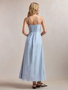 BizChic New Spring/Summer Linen Adjustable Spaghetti Strap A-Line Dress With Side Slit, Elegant For Commuting, Blue - Multicolor - View 2