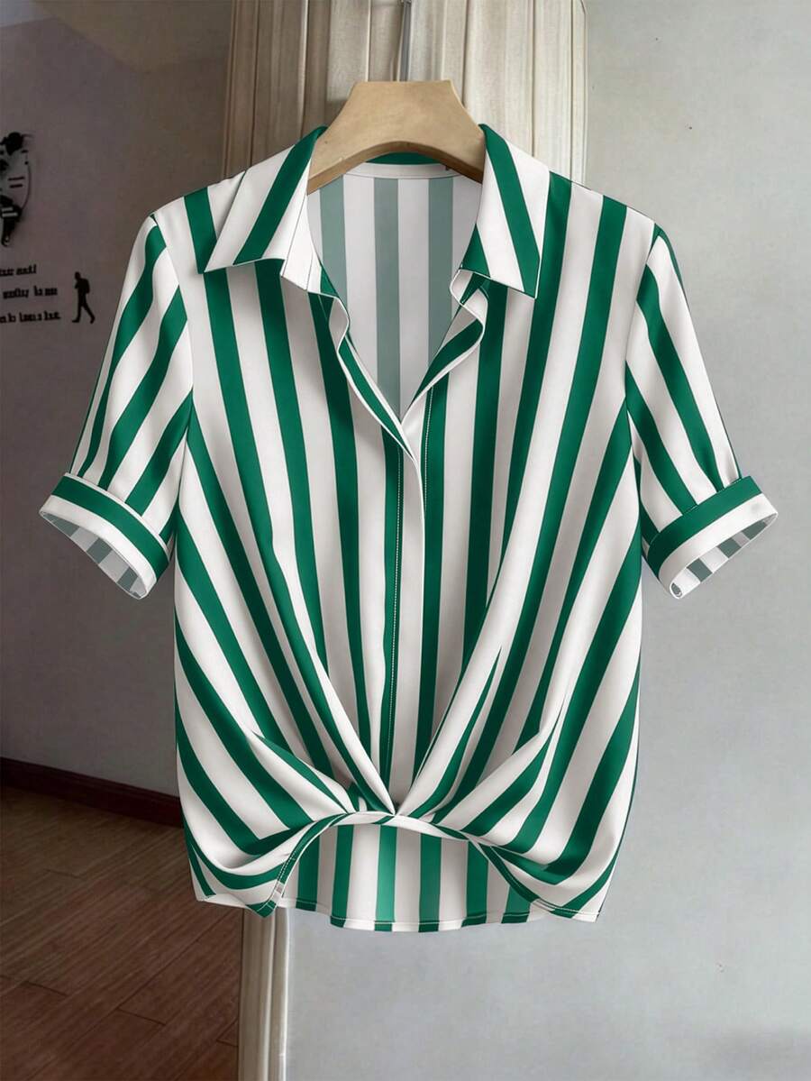 Women's Navy Blue Digital Print Striped Loose Turndown Collar Short Sleeve Gathered Cinched Waist Elegant Unique Design Blouse For Work - Green - View 1