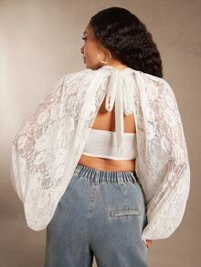 Vixey Blusa de mangas globo con abertura en el bajo y detalles de encaje transparente - Blanco - Ver 2