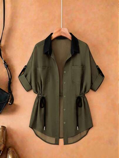 Franclia Plus Size Women Casual/Work/Vacation Military Green Chiffon Short Sleeve Shirt