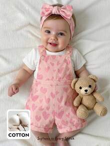 Cozy Pixies Pelele de tirantes con estampado de corazón para bebé niña, versátil y cómodo - Rosa - Ver 1