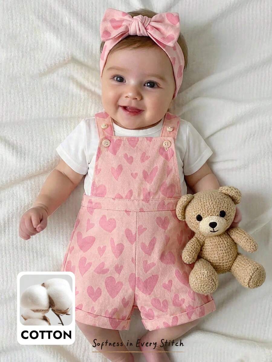 Cozy Pixies Pelele de tirantes con estampado de corazón para bebé niña, versátil y cómodo - Rosa - Ver 1