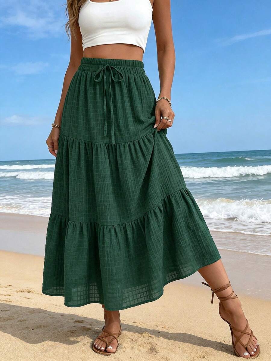 EMERY ROSE Plus Size Woven Elegant Summer Women's Mid-Length Skirt - Dark Green - View 1