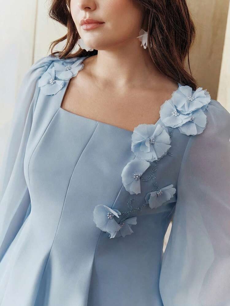 Spring/Summer New Elegant Fashion Outing, Work, Date, Holiday, New Year, Valentine's Day Pearl Embroidered 3D Floral Decor 2 In 1 Long Sleeve Plus Size Women Long Dress