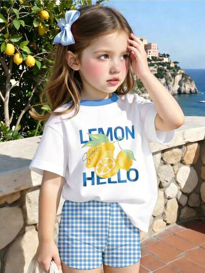 Baby Girl SS26 Fashion Vacation Spring/Summer Casual Comfortable Stylish Minimalist Lemon "HELLO LEMON" Letter & Plaid All-Over Print Short Sleeve T-Shirt Set, Suitable For Girls Outdoor Play & Holiday Wear