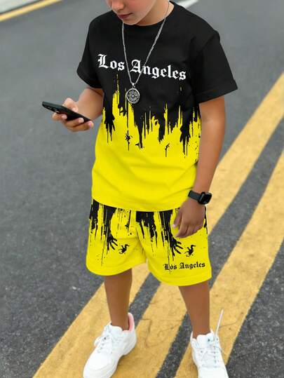 Spring And Summer Tween Boy Casual Fashion Creative Personalized Refreshing Minimalist Los Angeles Black Yellow Gradient Graphic Letter Slogan Print Casual Basic Short T-Shirt And Shorts Set, Comfortable Daily Wear