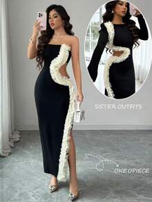 Rafferiza Women's Elegant Black And Cream Summer Dress,Tight-Fitting Hollowed-Out Waist Slit Irregular Floral Design, Night Out Dress For Wedding Banquet - Black - View 9