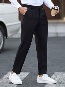 Manfinity Mode 男士黑色西装裤，铆钉腰带设计，商务休闲直筒裤，男士正式高腰裤，男士褶裥西装裤，男士西装裤，万圣节冬季复古男童节日婚礼宾客男士晚宴褶裥西装裤，男士老钱，日常休闲，周末旅行，户外活动，旅行探险，轻松的工作环境或半正式场合，男友/丈夫礼物，周年纪念/生日礼物，派对夏季假期，婚礼，春夏，复活节，男士黑色平面前开襟休闲裤，带口袋，百搭正式休闲装，男士黑色休闲裤，男士长裤，商务裤，黑色裤子，男士休闲裤 - 黑色 - 查看 8