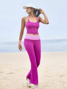 WanderVale 2 pièces/Set Top et pantalon de sport absorbant l'humidité, design bicolore, style basique, violet, sans couture pour le fitness/le yoga - Multicolore - Voir 5
