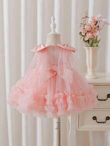 Glamorique Kids Elegantes Blumenmädchen-Kleid in zartem Rosa für Kleinkind Mädchen, süßer Tüll-Puffrock mit Schleife und Perlendekor, Schmetterlings-Ballkleid Prinzessin Hochzeit Geburtstag Sommer - Pink - Übersicht 3