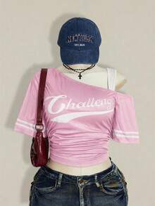 SHEIN ICON T-shirt de basketball 2 en 1 à épaule oblique pour femmes grandes tailles - Rose bonbon - Voir 3