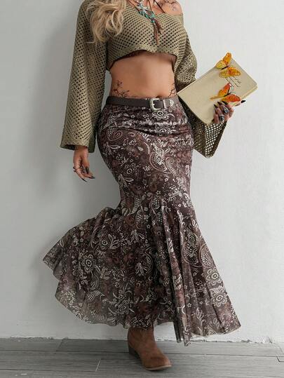 Whyspr Plus Size Women's Minimalist Summer Perris Floral Print Skirt