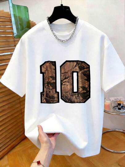 Manfinity Dauomo 男士户外休闲印花T恤，夏季新款，白色，数字10图案，适合户外活动、约会，休闲风格，男士圆领T恤