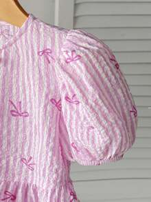 SHEIN Baby Girl Cute Versatile Summer Pink Plaid Bow Tie Short Sleeve Top - Pink - View 3