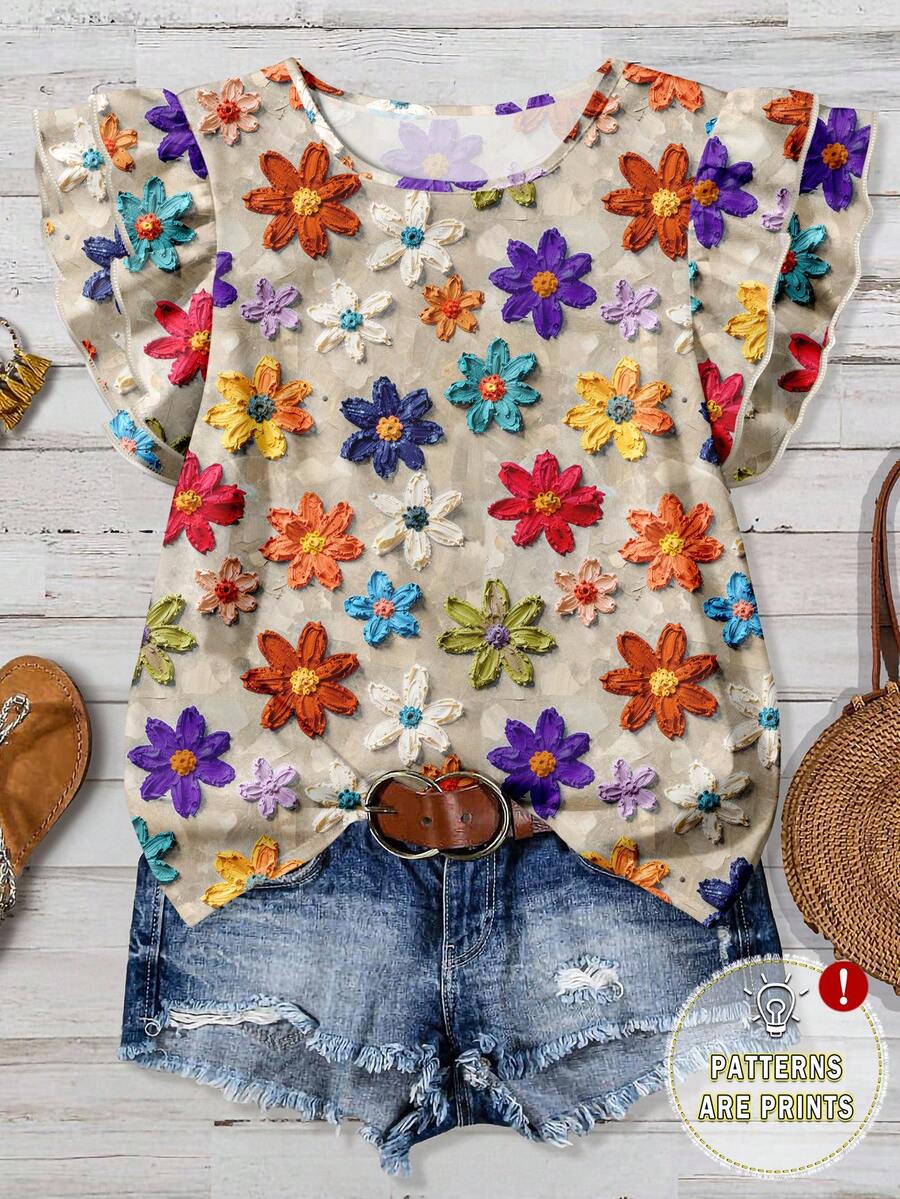 EMERY ROSE Plus Size Colorful Print Short Sleeve Shirt - Multicolor - View 1