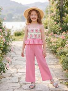 Emery Rose Kids Emery Rose Kids 2件套女童纯色编织吊带背心和长裤套装，粉色衬衫，夏季服装，抹胸上衣，春季女童套装，女童喇叭裤套装，波西米亚风女童粉色夏季套装，钩针花卉吊带背心和阔腿裤，女童粉色花卉钩针吊带背心和阔腿裤套装，可爱儿童夏季服装，女童粉色连体衣，女童春季连体裤，女童两件套，女童褶皱套装，儿童夏季女童服装，花卉套装 - 粉色 - 查看 14