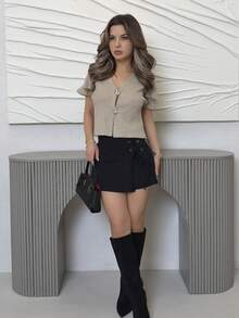 Jemour Áo khoác cardigan mỏng tay ngắn cài kim loại màu mơ, phong cách tối giản thường ngày dành cho nữ. - Màu be - Xem 1