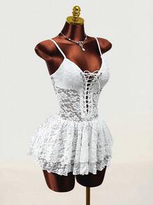 Mistrie 2026 New Sexy Lace Sleeveless Mini Dress; Deep V Cross Straps Front Pleated Hemline Slim Pleated Skirt Suitable For Dating, Music Festivals Parties, Weddings - White - View 3