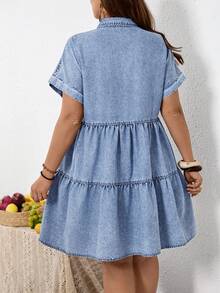 EMERY ROSE EMERY ROSE Plus Size Solid Color Minimalist Casual Short Sleeve Denim Dress - Light Wash - View 2