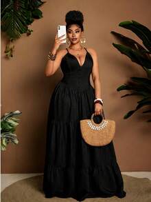 Maweii 大码女式牛仔效果A字长吊带性感连衣裙 - 黑色 - 查看 4