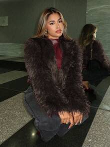 Maria Perezxox Áo khoác lông giả ngắn gợi cảm thời trang dành cho nữ, hàng mới về mùa Thu/Đông. - màu nâu - Xem 5