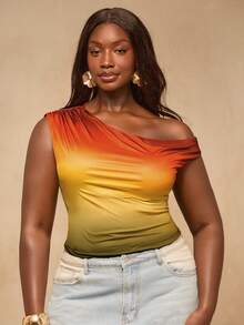 SHEIN BAE Plus Size Women Ombre Oblique Shoulder Regular Graphic T-Shirt,Women's Ombre Print Asymmetrical Shoulder Bodycon Maxi Top, Sexy For Music Festival, Date Night, Vacation - Multicolor - View 8