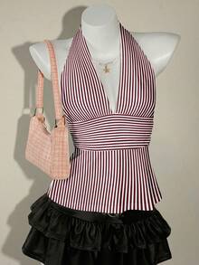 SHEIN ICON Halter Deep V-Neck Cinched Waist A-Line Backless Camisole - Multicolor - View 4