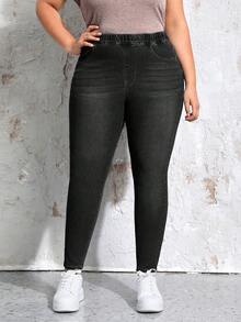 EMERY ROSE Plus Size Slim Fit Washed Slant Pocket Jeans Elegant - Black - View 3
