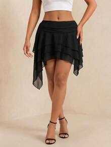 Eryvara Solid Color Fashionable Versatile Asymmetrical Skirt - Black - View 5