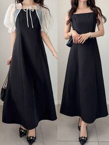 FRIFUL Bộ đồ hai mảnh tay ngắn ngọt ngào dành cho nữ, gồm váy hai dây và áo sơ mi tay cánh hoa buộc eo, thích hợp mặc ở nhà vào mùa hè. - màu đen - Xem 2
