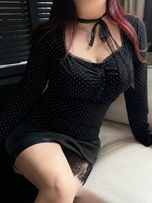Dazy Plus 大码女式纯色修身系带长袖短款T恤，春秋夏季 - 黑色 - 查看 2