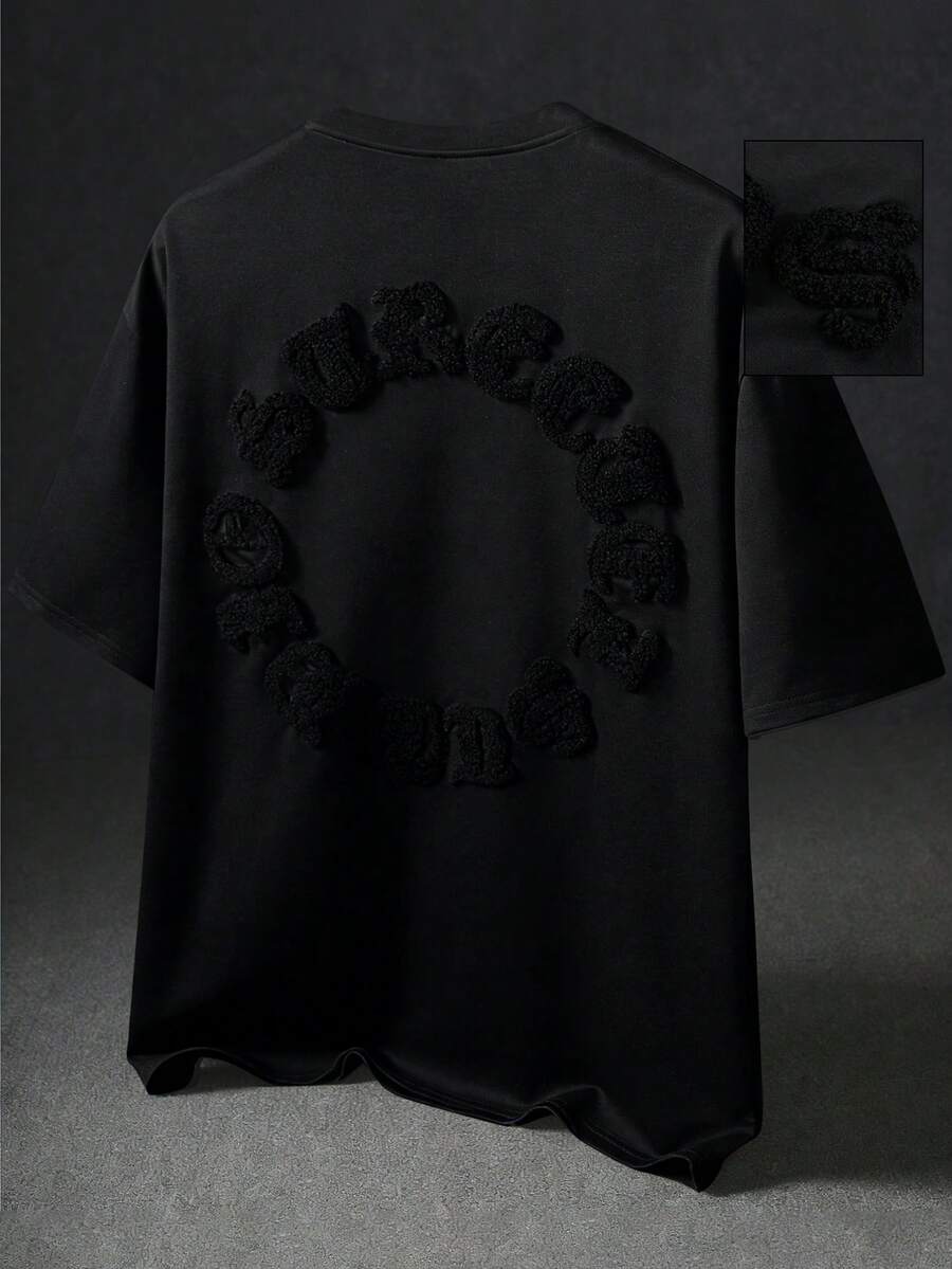 ROMWE MEN Essentials Men's Short Sleeve T-Shirt With Embroidered Motif, Suitable For Spring And Summer - Black - View 1