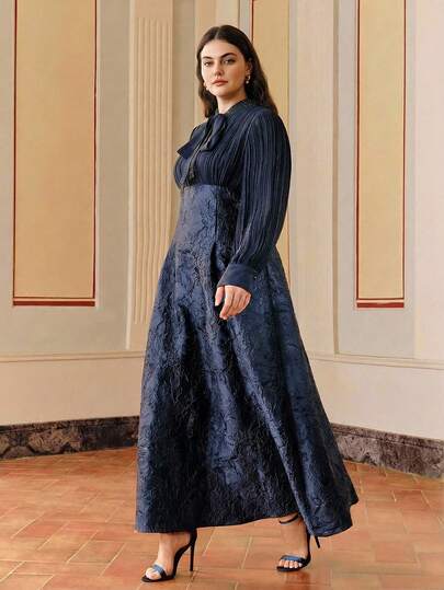 Anewsta Plus Size Women's Jacquard Chiffon Pleated Collar Beaded Dress